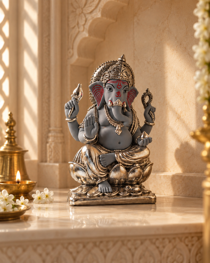 Divine Ganesha in Grey – Silver-Accented Idol
