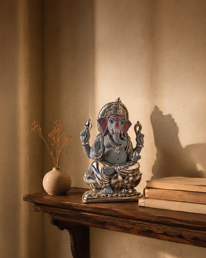 Divine Ganesha in Grey – Silver-Accented Idol