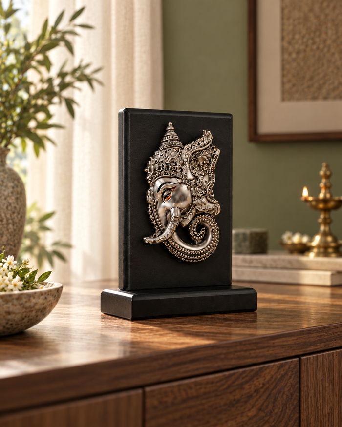 Heritage Carved Silver Noir Ganesha Pedestal